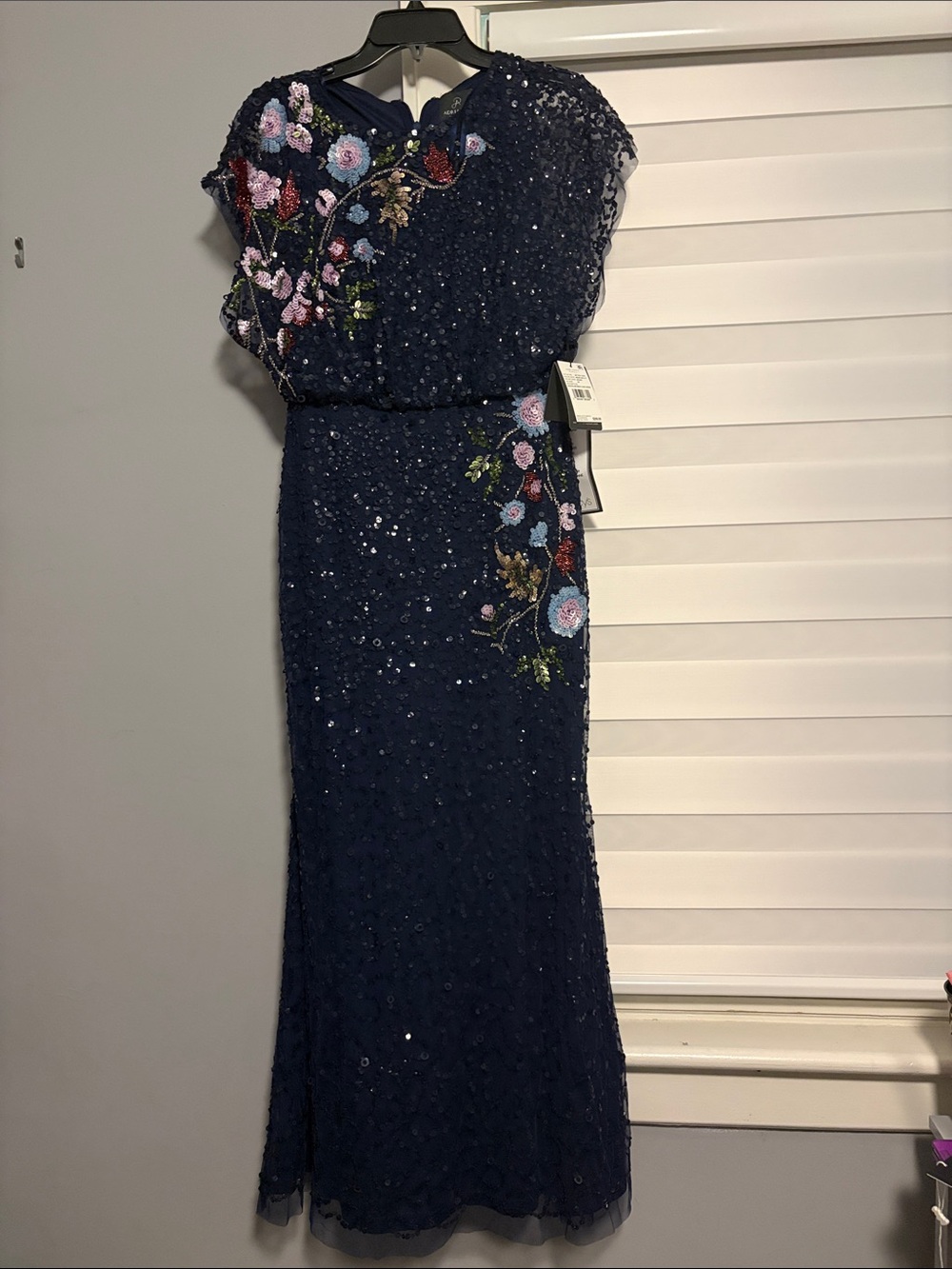 Adrianna Papell Navy Sequin Maxi Dress with Floral Embroidery
